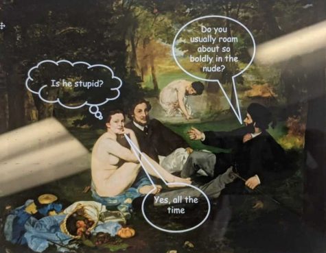 “The Luncheon on the Grass” by Édouard Manet, currently on display at the Musée d’Orsay in Paris. Text and thought/speech bubbles added by author. 