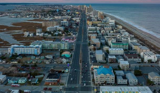 An aerial view of Ocean City, Maryland shows a vibrant vacation spot. 